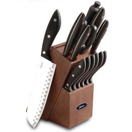 Oster Huxford 14 Piece Stainless Steel Cutlery Set with Black Handles and Wooden Block