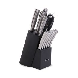 7Oster Wellisford 14 Piece Stainless Steel Cutlery Set with Black Rubber Wood Block