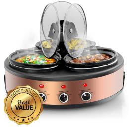 MegaChef Round Triple 1.5 Quart Slow Cooker and Buffet Server in Brushed Copper and Black Finish with 3 Ceramic Cooking Pots and Removable Lid Rests